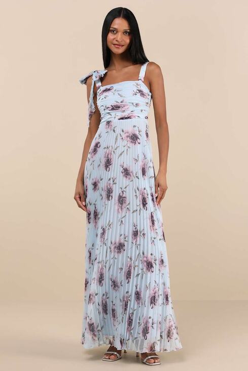 Lulus Dresses & Skirts - NWT Lulus Gorgeous Purpose Blue Floral Pleated Sleeveless Bow Maxi Dress Size XL